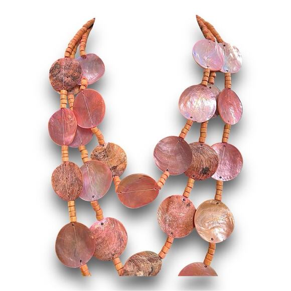 CORAL COLOR MOTHER OF PEARL AND BEADED STATEMENT NECKLACE 3 STRAND VINTAGE - Picture 3 of 10